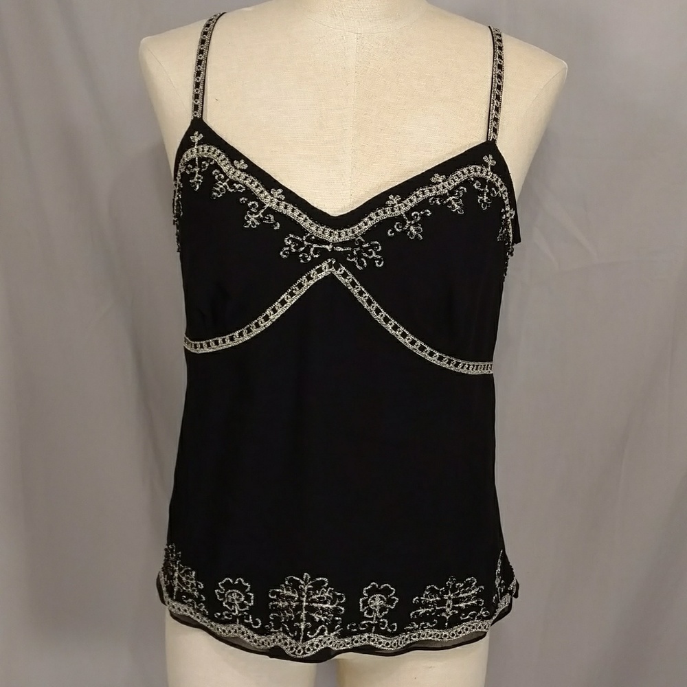 Black Silk Camisole Top Ann Taylor Quality Gold Metallic & Beaded See Measure